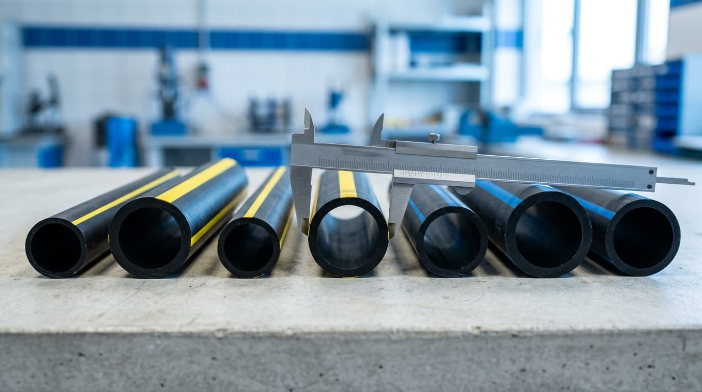 Laboratoriya masasında müxtəlif diametr və divar qalınlığında qaz və su üçün HDPE borular və ştangenpərgar